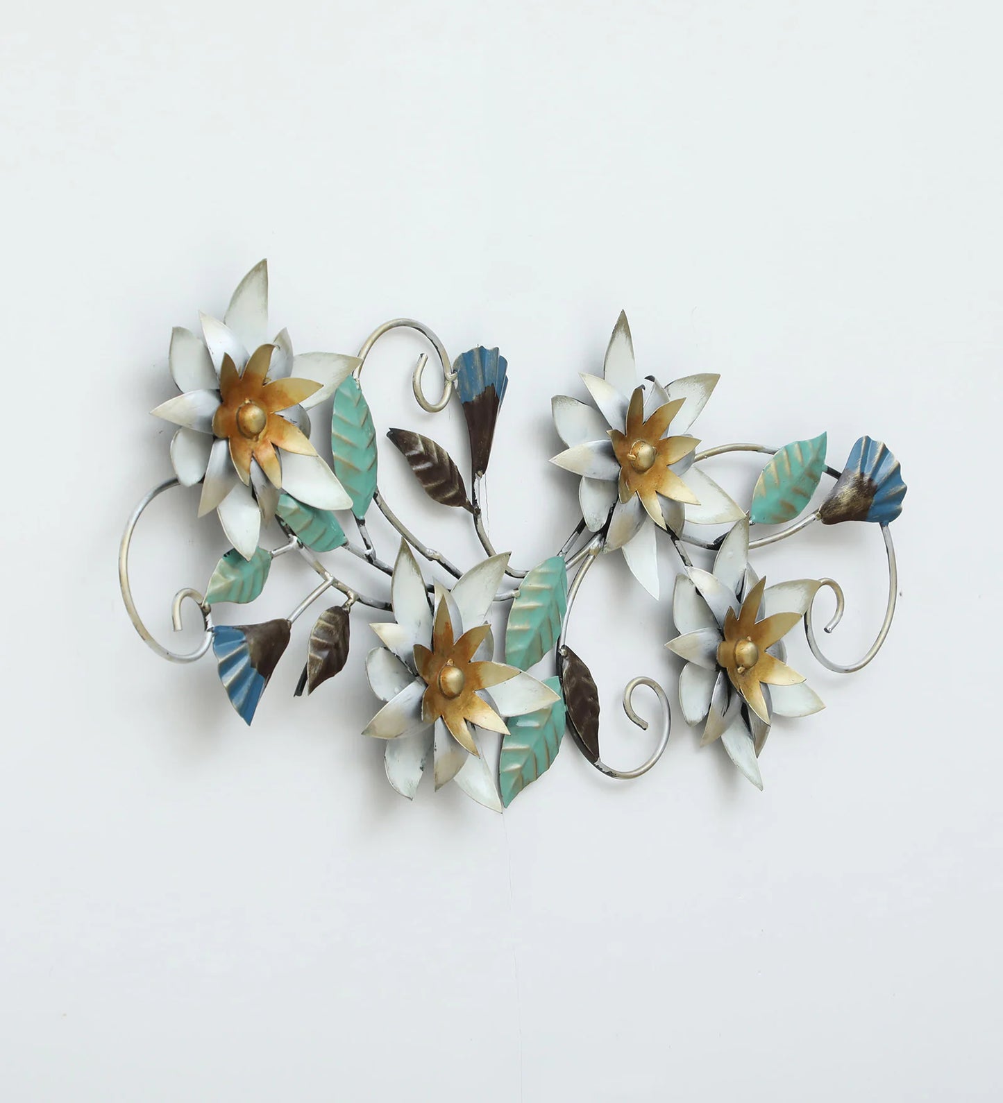 Floral metal wall art with white and gold flowers, turquoise leaves and decorative curling stems-ArtyCraftz.com