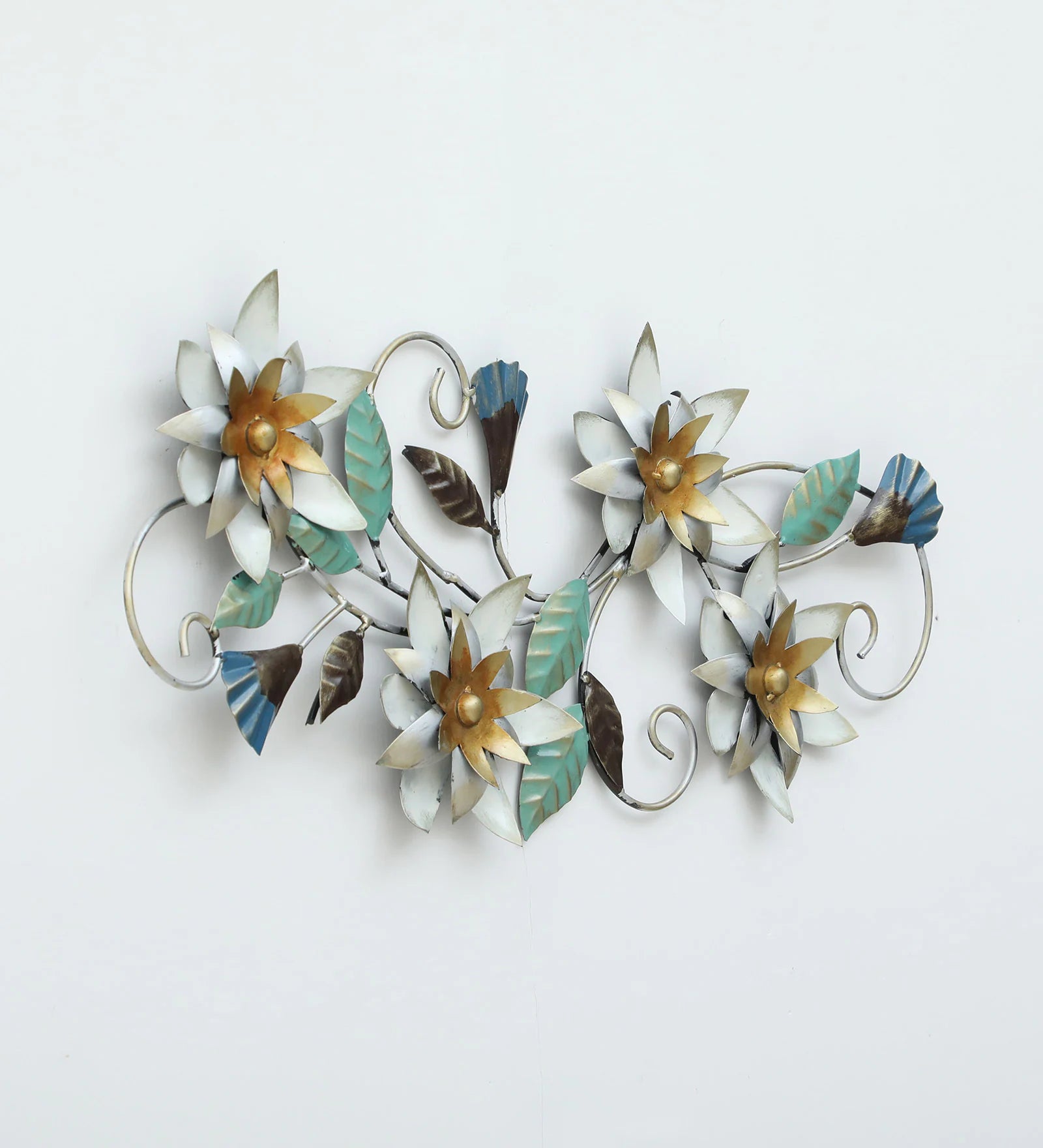 Floral metal wall art with white and gold flowers, turquoise leaves and decorative curling stems-ArtyCraftz.com