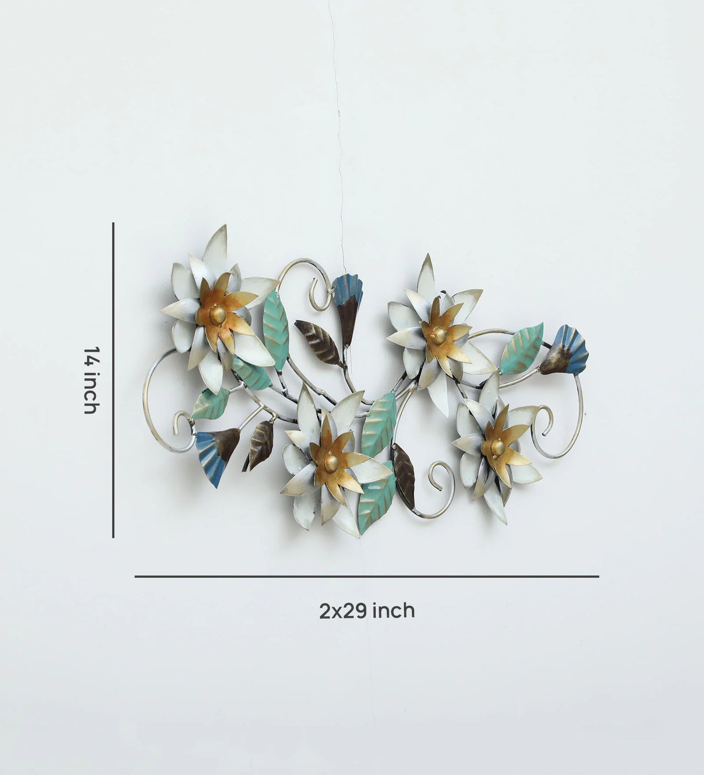 Floral metal wall art with white and gold flowers, turquoise leaves and decorative curling stems-ArtyCraftz.com