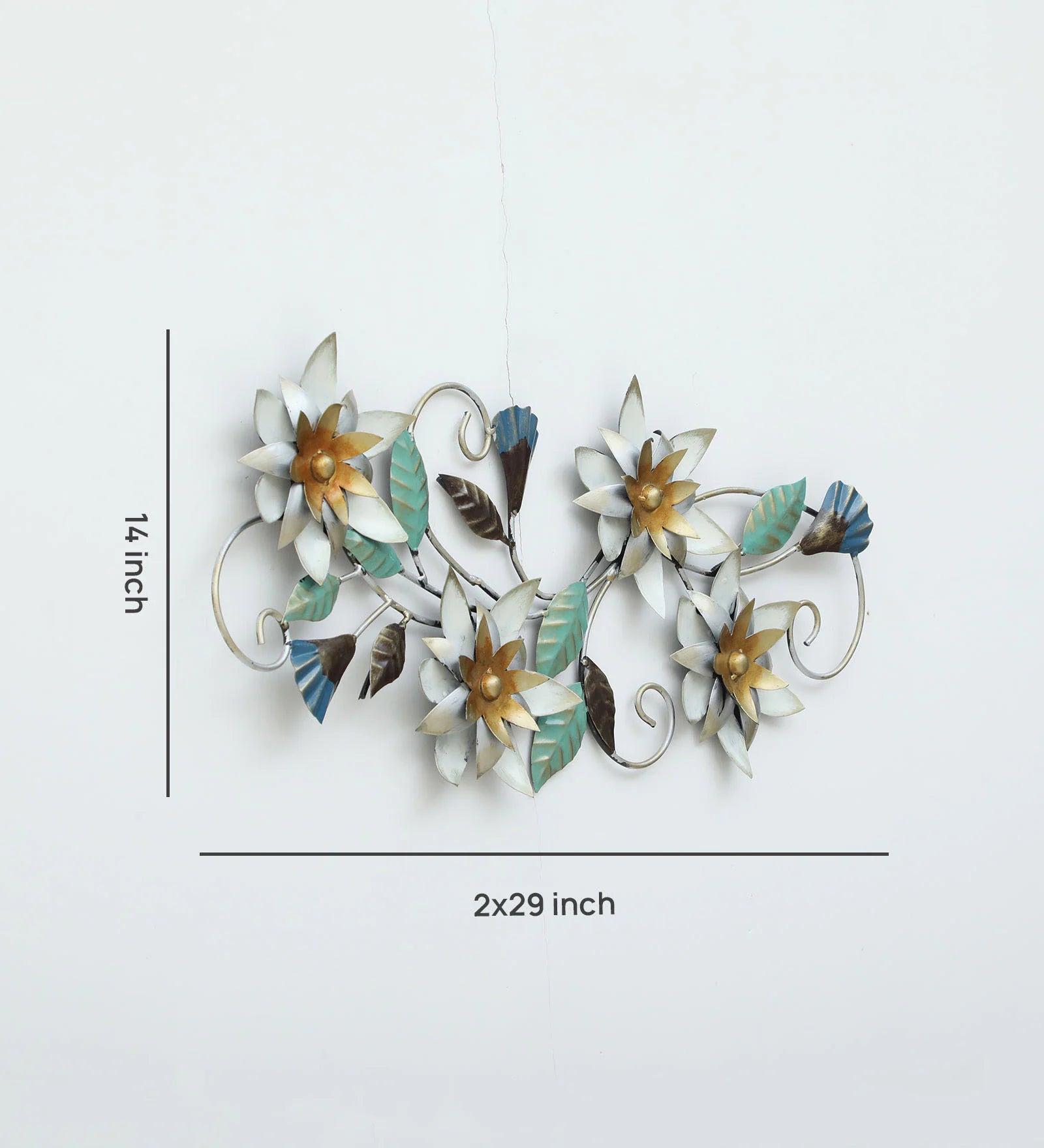 Floral metal wall art with white and gold flowers, turquoise leaves and decorative curling stems-ArtyCraftz.com