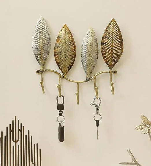 Four Ginko Leaf Metal Wall Hooks for Keys,5 Hooks Rack,Holder for Kitchen Utensil,Wall Mounted Key Holder Key Rack Key Hanger,Bathroom Towel Hooks - ArtyCraftz.com