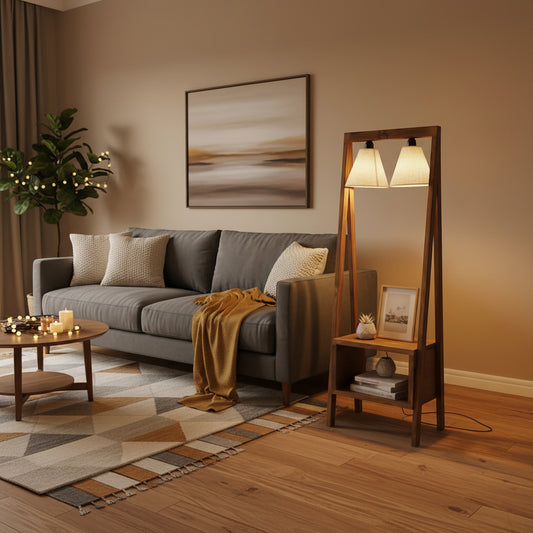 Wooden Floor Lamp with Shelf | 48 Inch Double Light-artycraftz.com