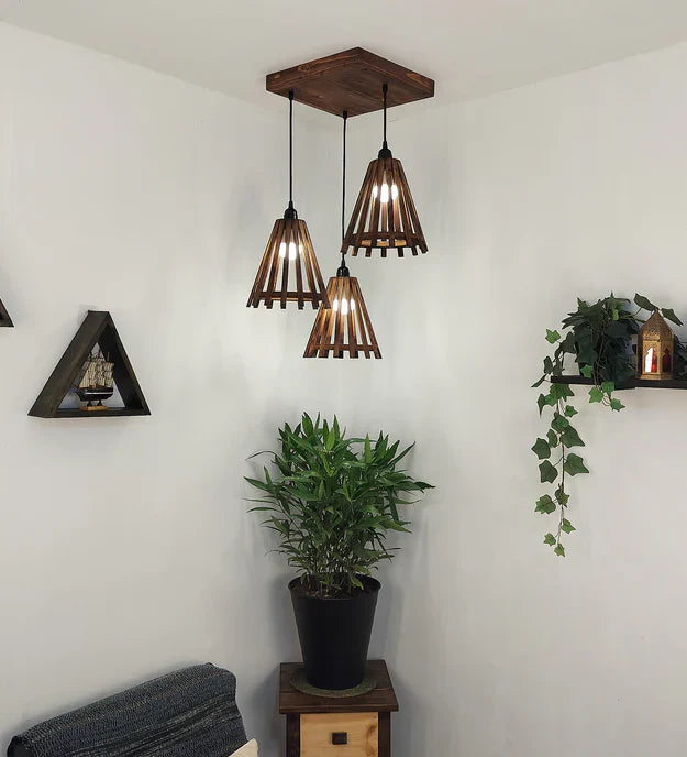 Funnel Brown Wooden Cluster Hanging Lamp