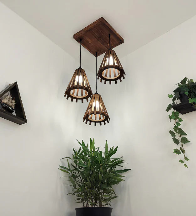 Funnel Brown Wooden Cluster Hanging Lamp