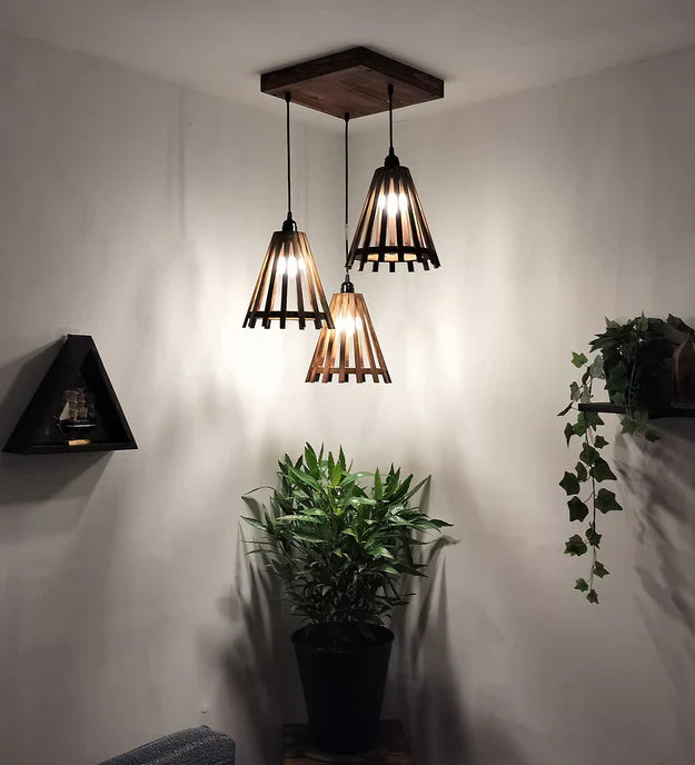 Funnel Brown Wooden Cluster Hanging Lamp