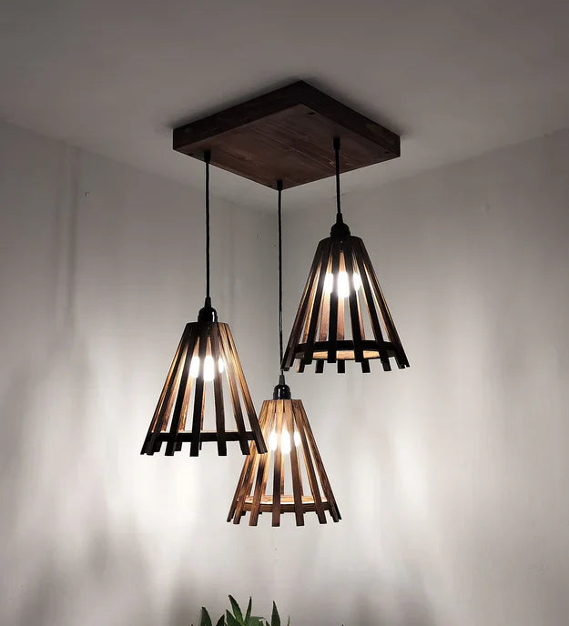 Funnel Brown Wooden Cluster Hanging Lamp