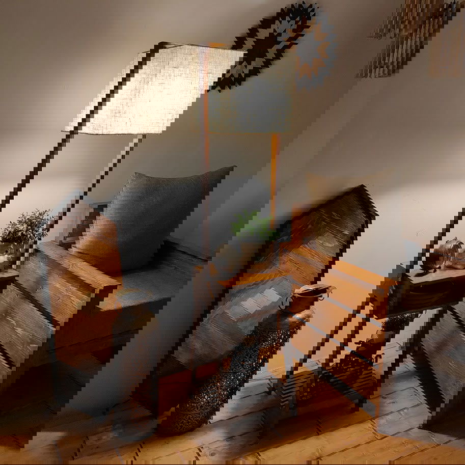 Gabrielle Wooden Floor Lamp with Brown Base and Jute Fabric Lampshade - ArtyCraftz.com