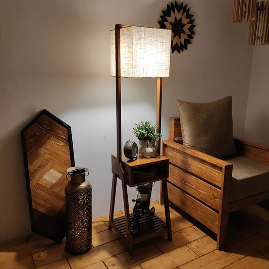 Gabrielle Wooden Floor Lamp with Brown Base and Jute Fabric Lampshade - ArtyCraftz.com