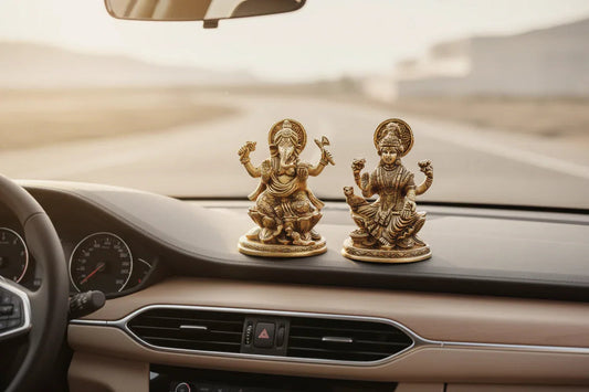 Ganesh Laxmi Idols - Set of 2 - Golden Color - Seated Pose - Antique Decor - 5 Inches - ArtyCraftz.com