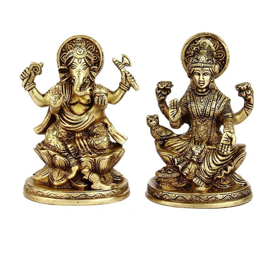 Ganesh Laxmi Idols - Set of 2 - Golden Color - Seated Pose - Antique Decor - 5 Inches - ArtyCraftz.com
