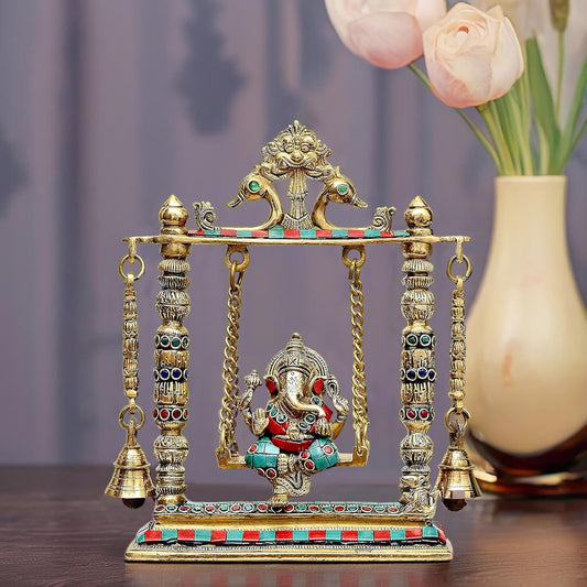 Ganesha Playing On Swing Brass Statue Height 10 Inches
