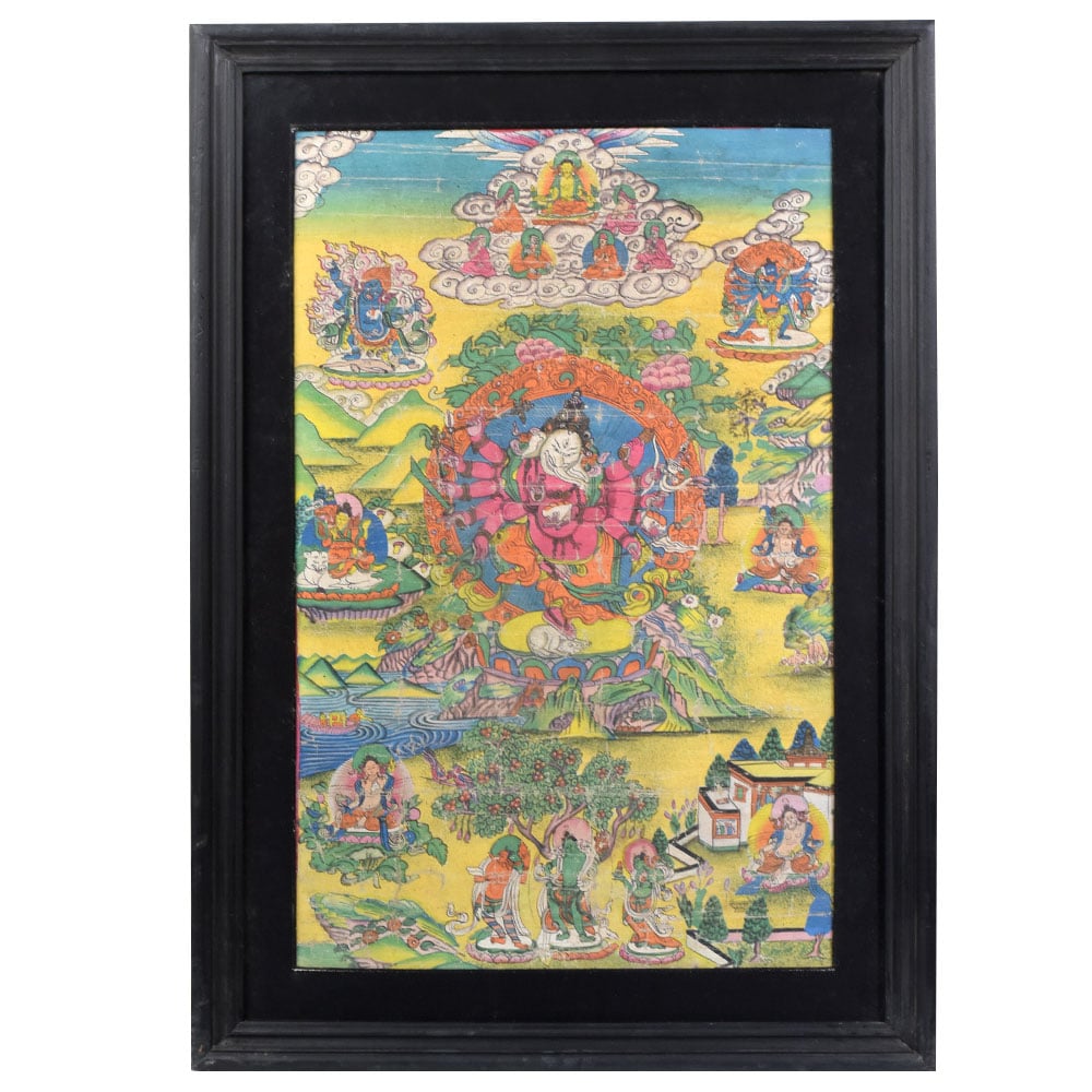 Ganesha Thangka painting in black frame for traditional wall decor-ArtyCraftz.com