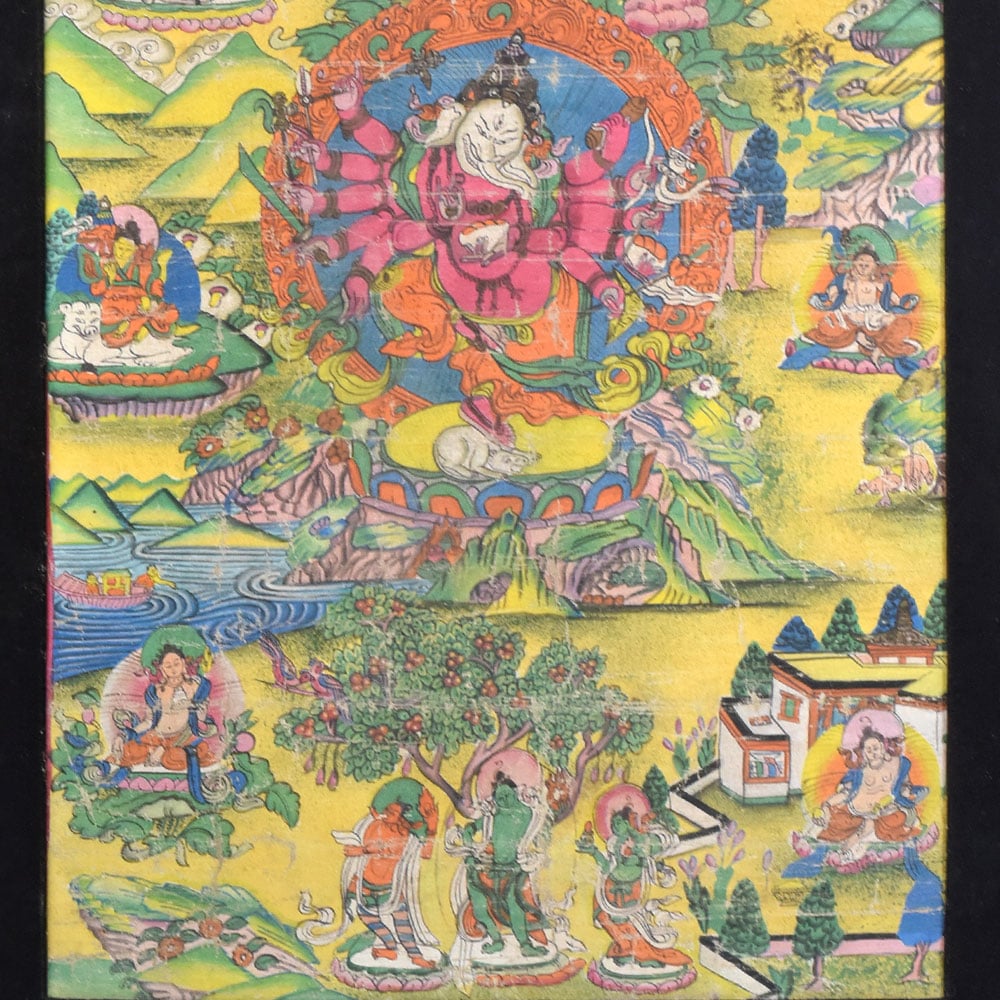 Ganesha Thangka painting in black frame for traditional wall decor-ArtyCraftz.com
