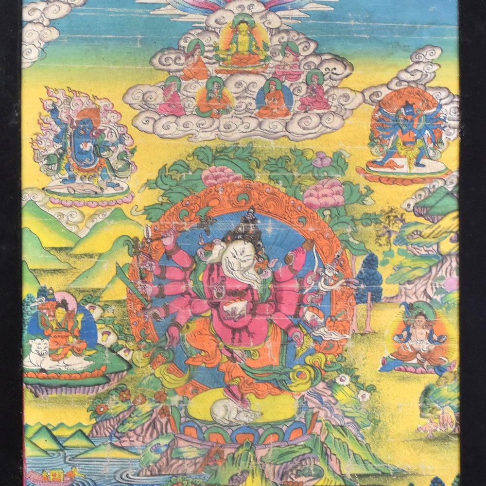Ganesha Thangka painting in black frame for traditional wall decor-ArtyCraftz.com