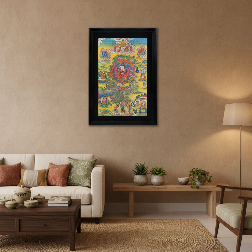 Ganesha Thangka painting in black frame for traditional wall decor-ArtyCraftz.com