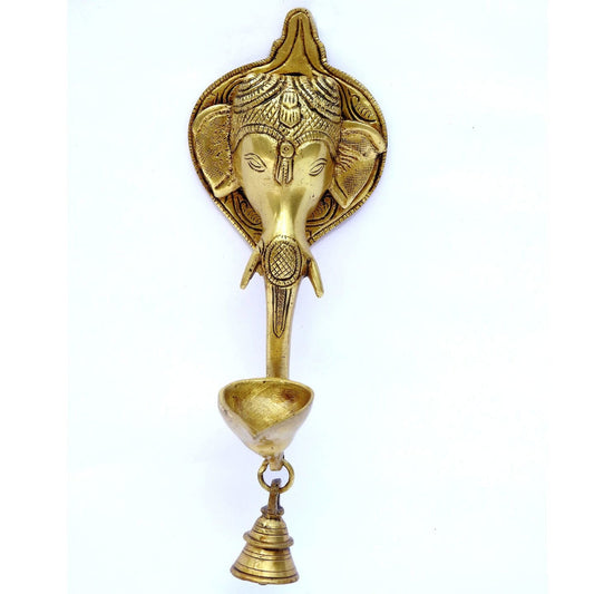 Ganesha Wall Diya with Bell Made of Brass In Yellow Finish - ArtyCraftz.com