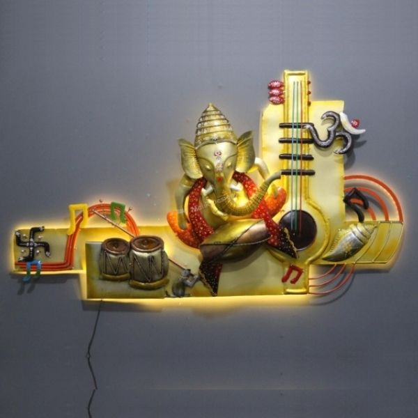 Ganesha with Musical Instruments Metal Wall Art-ArtyCraftz.com