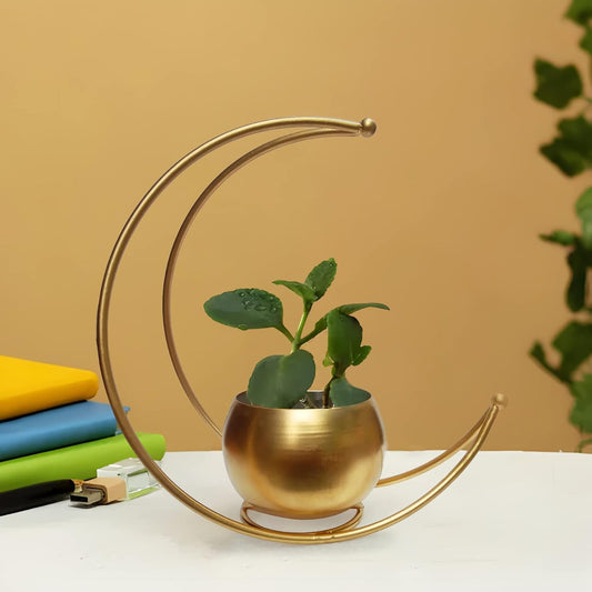Metal Geometric Design Moon Vase with Gold Finish
