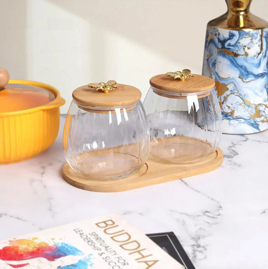 Glass Storage Jars with Decorative Golden Bee wooden lids