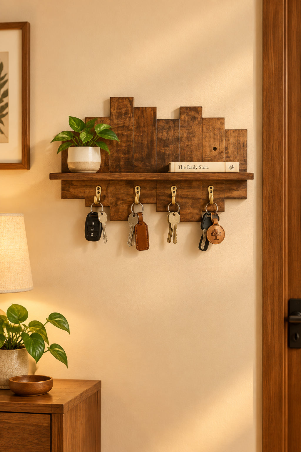 Solid Pinewood Wall Coat Rack with Display Shelf & 4 Hooks-artycraftz.com