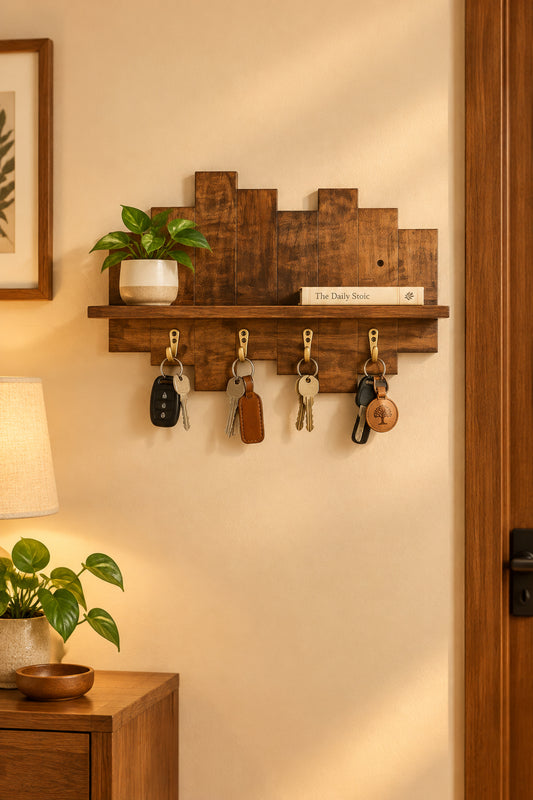 Solid Pinewood Wall Coat Rack with Display Shelf & 4 Hooks-artycraftz.com