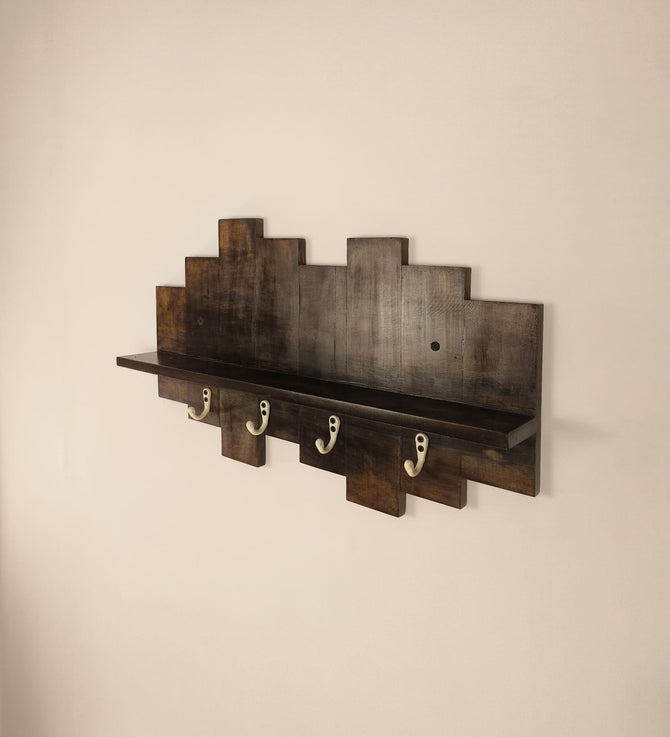 Solid Pinewood Wall Coat Rack with Display Shelf & 4 Hooks-artycraftz.com
