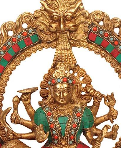Brass Goddess Durga Seated at Lion with Kirtimukha Statue with Inlay