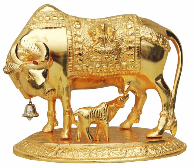 Gold-Tone Aluminium Cow and Calf Statue with Intricate Traditional Embossed Details-artycraftz.com