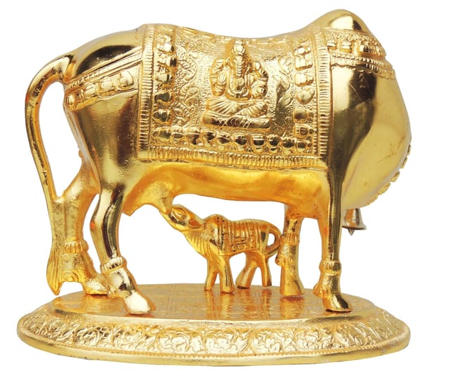 Gold-Tone Aluminium Cow and Calf Statue with Intricate Traditional Embossed Details-artycraftz.com