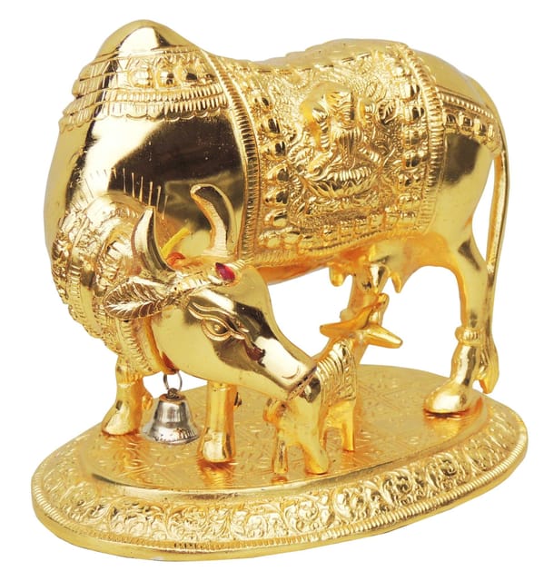 Gold-Tone Aluminium Cow and Calf Statue with Intricate Traditional Embossed Details-artycraftz.com