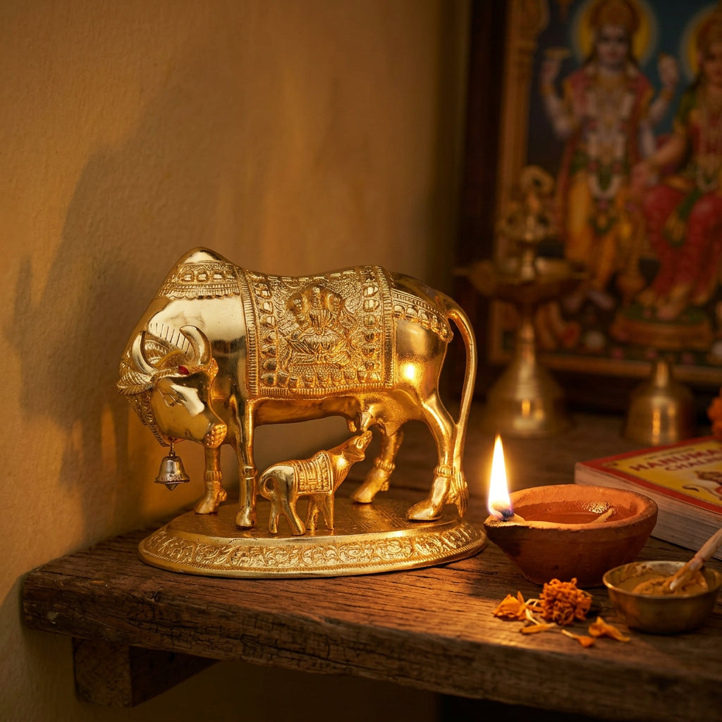 Gold-Tone Aluminium Cow and Calf Statue with Intricate Traditional Embossed Details-artycraftz.com
