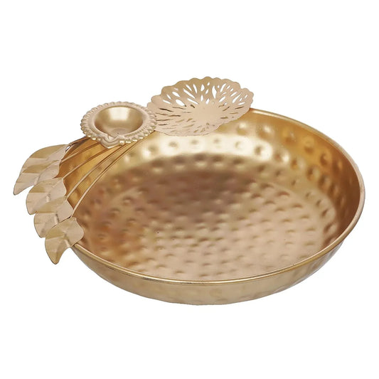 Gold Polish Leaf and Flower Pattern with Diya and Urli Plain Image in White Background