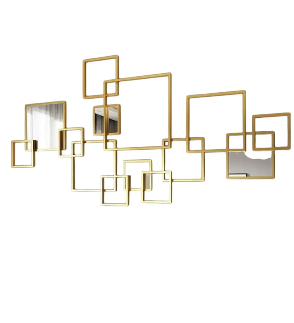 Gold geometric iron wall decor featuring interconnected square frames and mirror accents, measuring 48 inches wide and 24 inches high-artycraftz.com