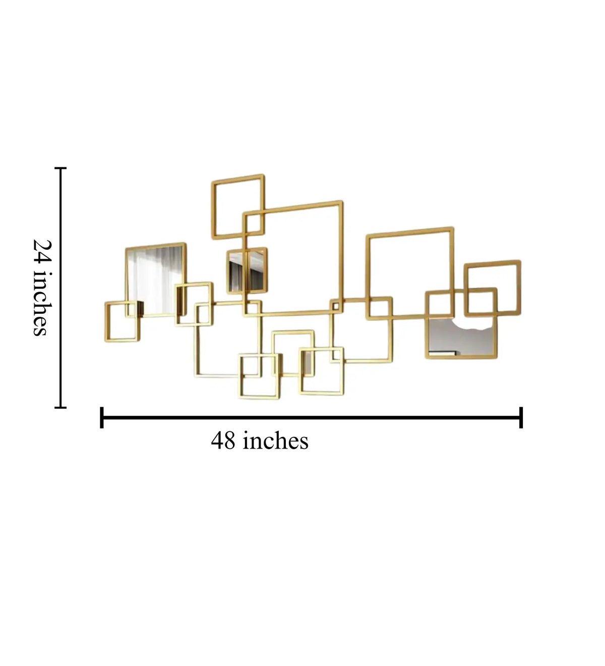 Gold geometric iron wall decor featuring interconnected square frames and mirror accents, measuring 48 inches wide and 24 inches high-artycraftz.com