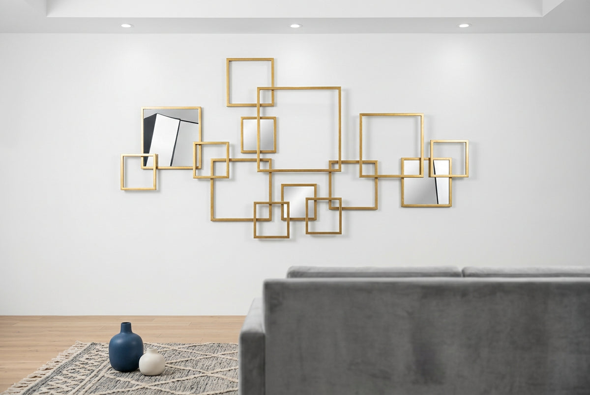 Gold geometric iron wall decor featuring interconnected square frames and mirror accents, measuring 48 inches wide and 24 inches high-artycraftz.com