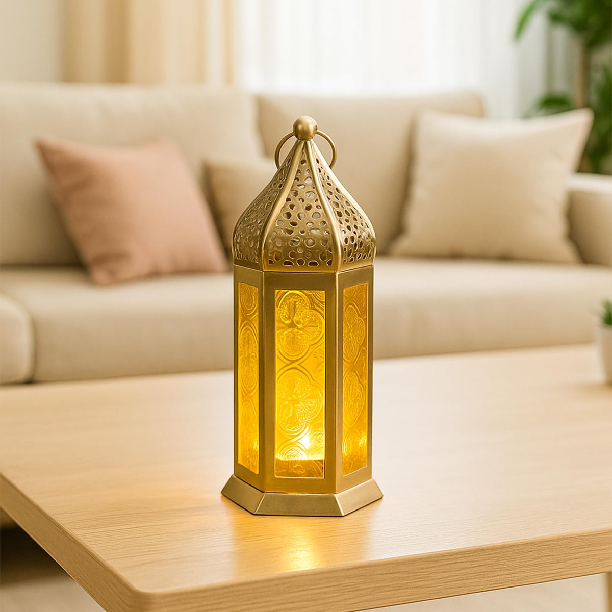 Gold Iron Decorative Lantern with Yellow Glass Panels-artycraftz.com