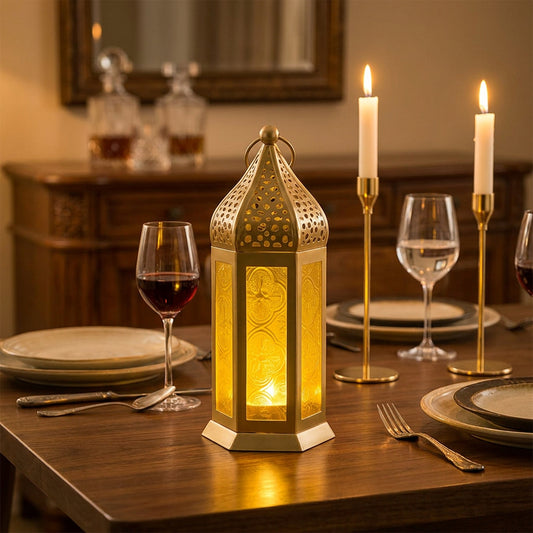 Gold Iron Decorative Lantern with Yellow Glass Panels-artycraftz.com