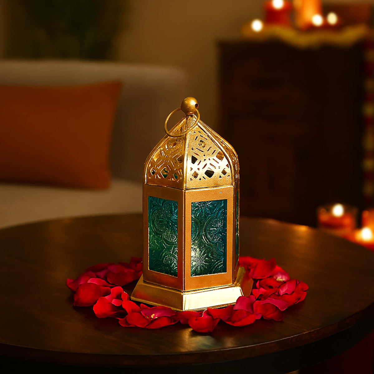 Gold Iron Lantern with Blue Glass Panels-artycraftz.com