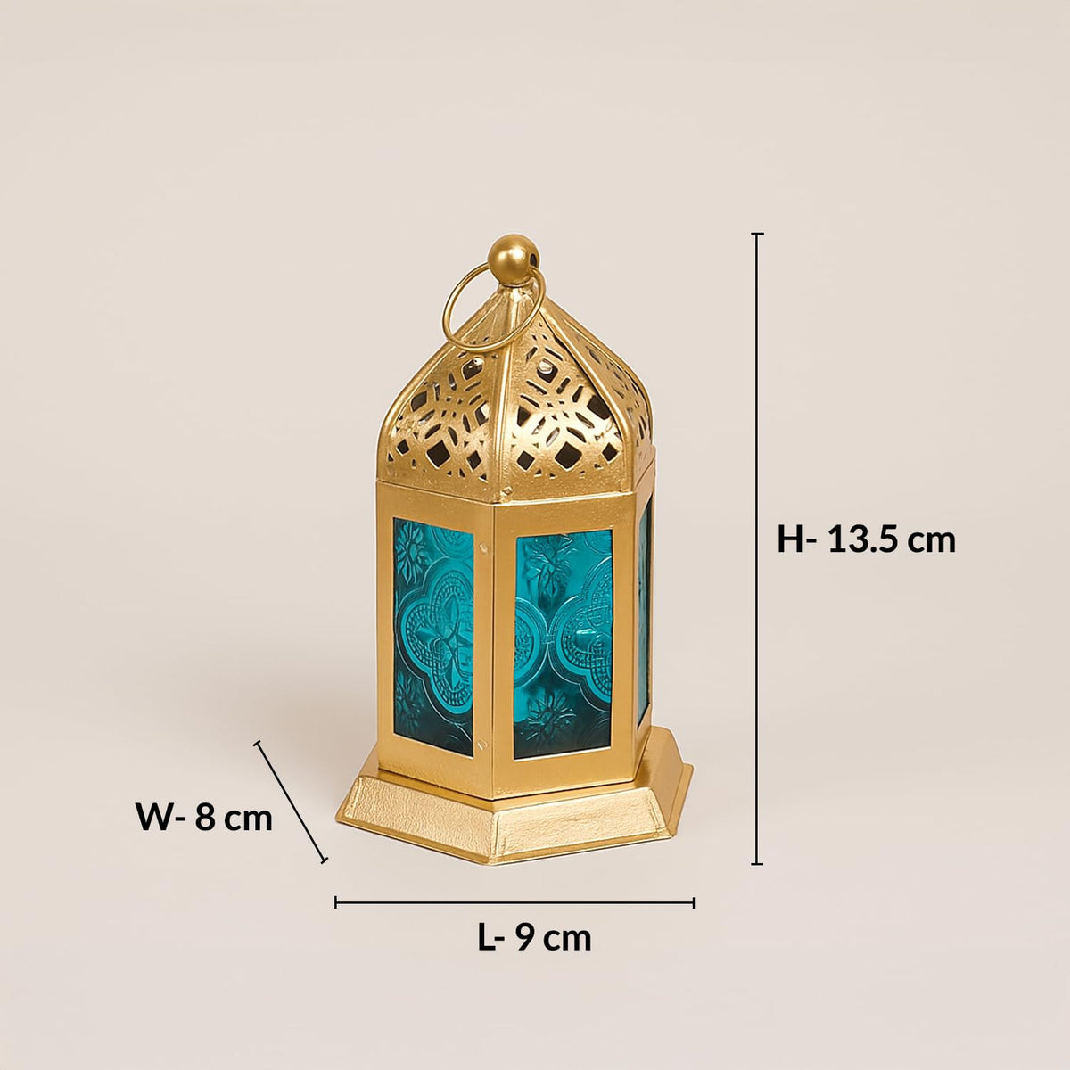 Gold Iron Lantern with Blue Glass Panels-artycraftz.com