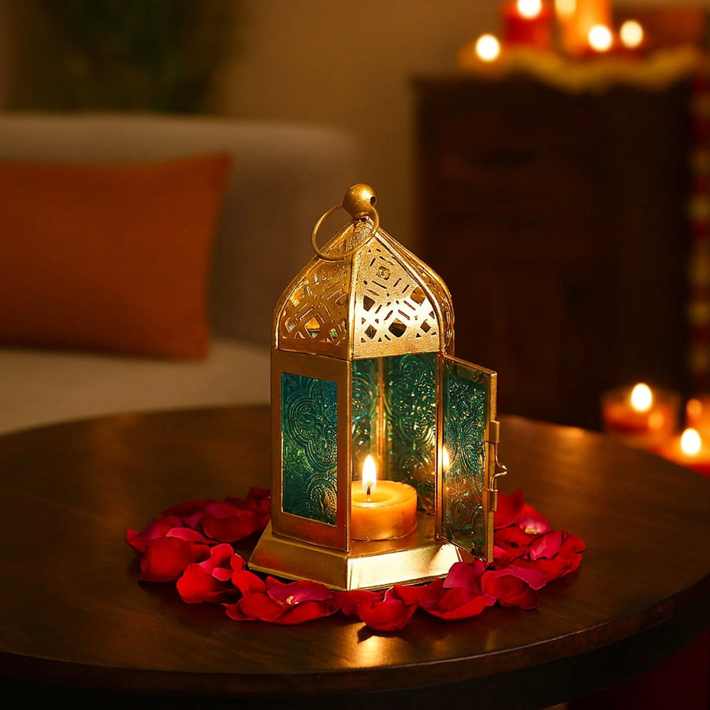 Gold Iron Lantern with Blue Glass Panels-artycraftz.com