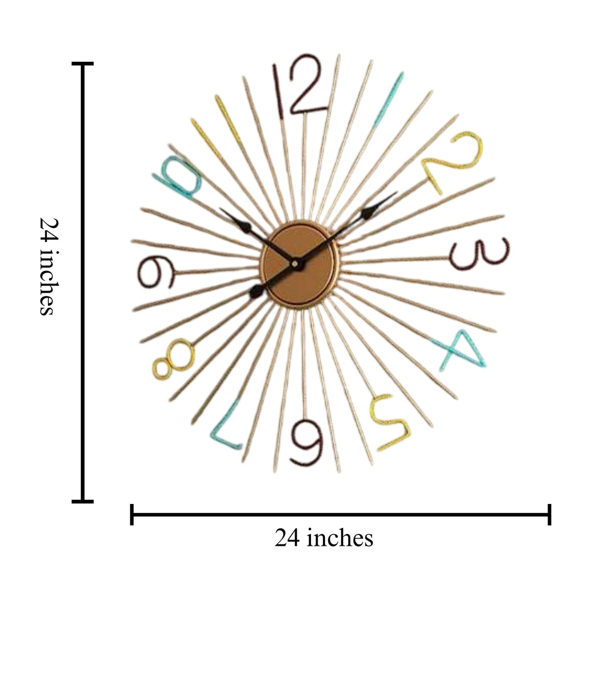 Gold iron sunburst wall clock with multicolored numerals and radiating metal rays, measuring 24 inches in diameter-artycraftz.com