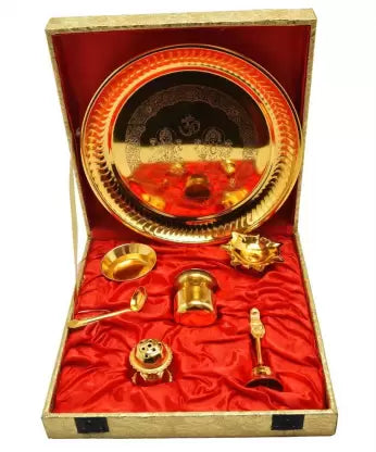 Gold Plated Pooja Thali Set Gift Box-ArtyCraftz.com