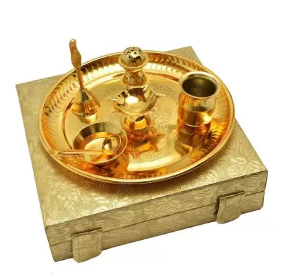 Gold Plated Pooja Thali Set Gift Box-ArtyCraftz.com