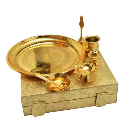 Gold Plated Pooja Thali Set Gift Box-ArtyCraftz.com