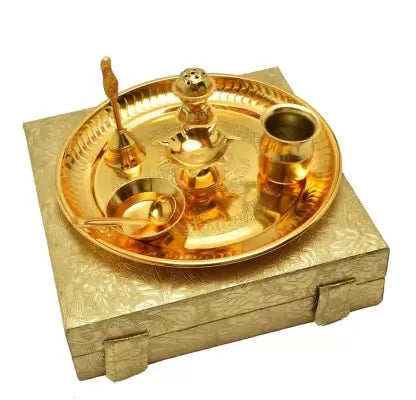 Gold Plated Pooja Thali Set Gift Box-ArtyCraftz.com