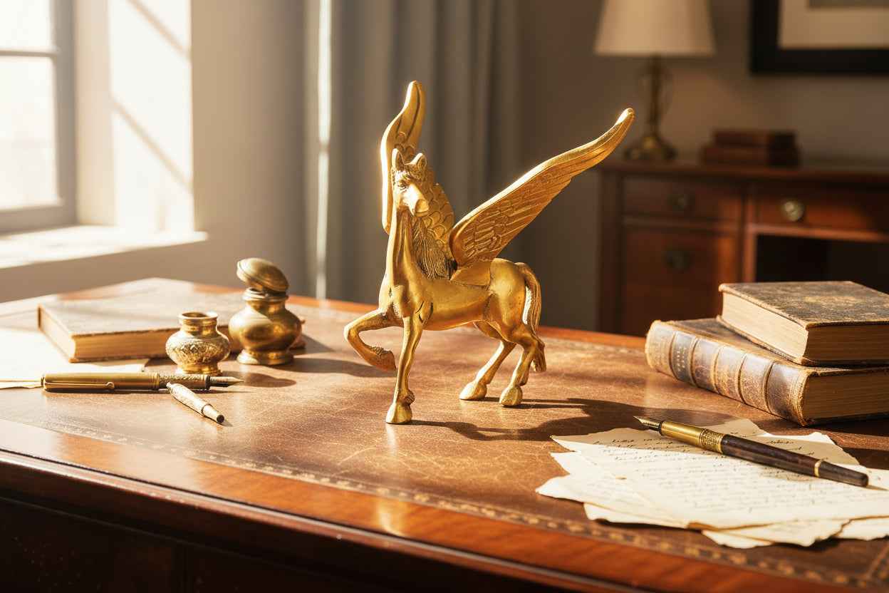 Brass Pegasus Flying Horse Statue 4 Inch Handcrafted Winged Horse Figurine | Available in Antique Gold & Two-Tone Brown Gold