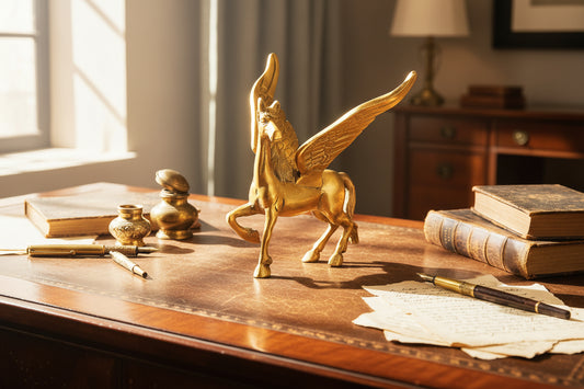 Handcrafted 4-inch solid brass Pegasus flying horse statue — antique gold finish, wings spread, one hoof raised — ArtyCraftz