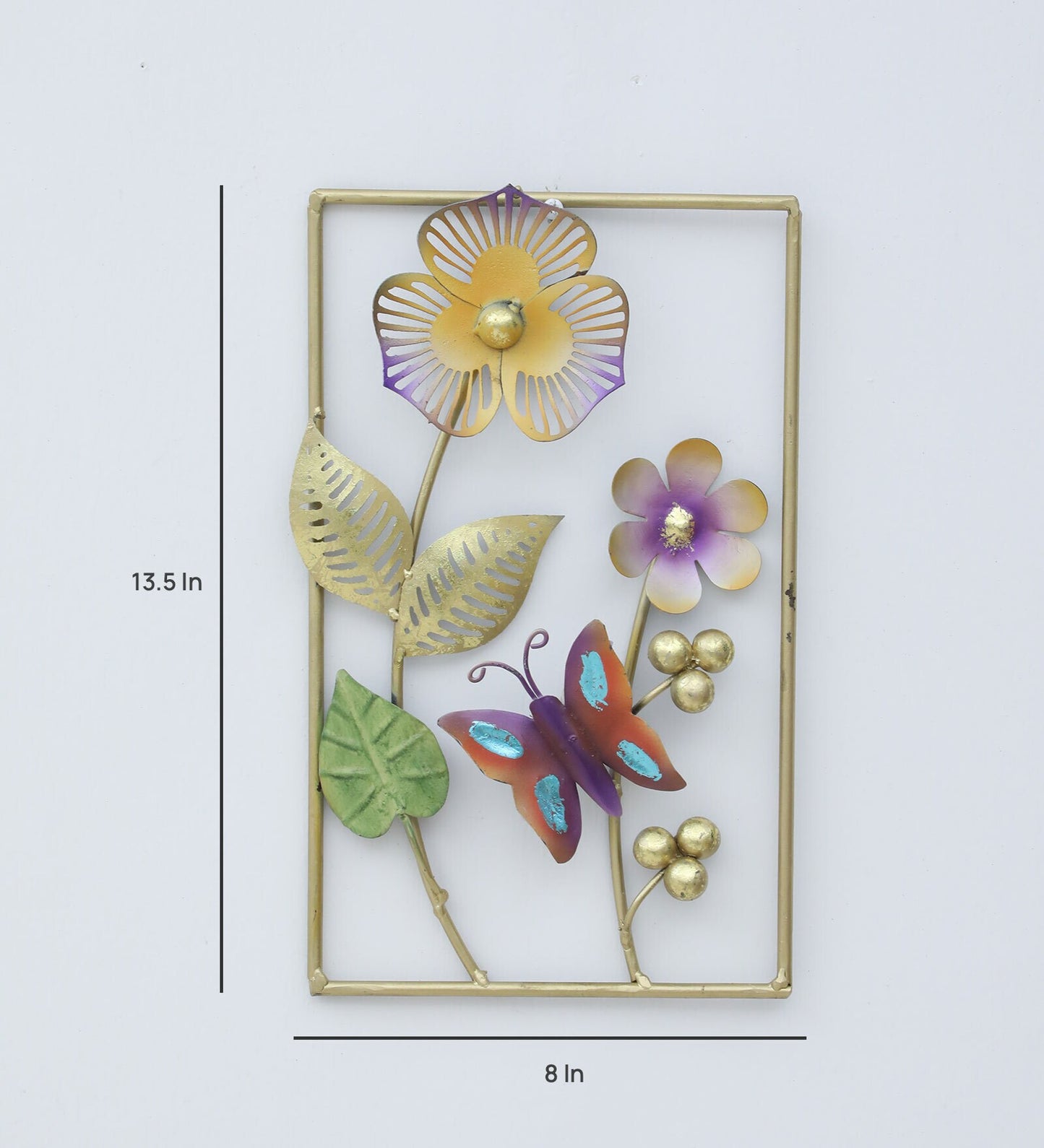 Gold metal floral and butterfly wall art measuring 13.5 x 8 inches-ArtyCraftz.com