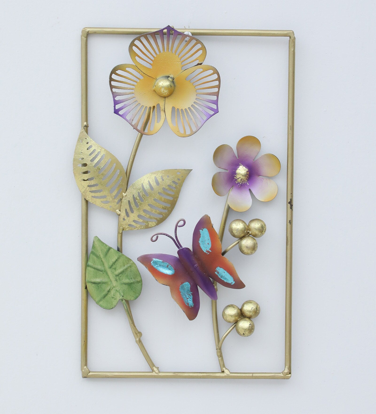 Gold metal floral and butterfly wall art measuring 13.5 x 8 inches-ArtyCraftz.com