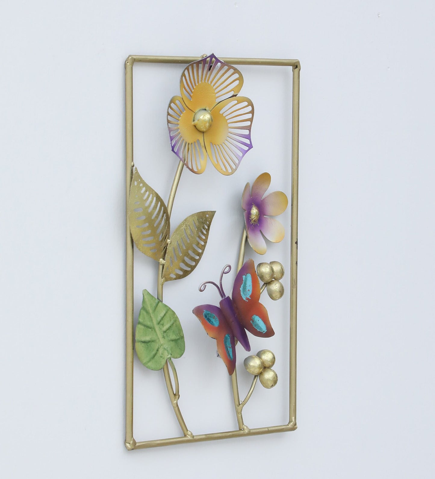 Gold metal floral and butterfly wall art measuring 13.5 x 8 inches-ArtyCraftz.com